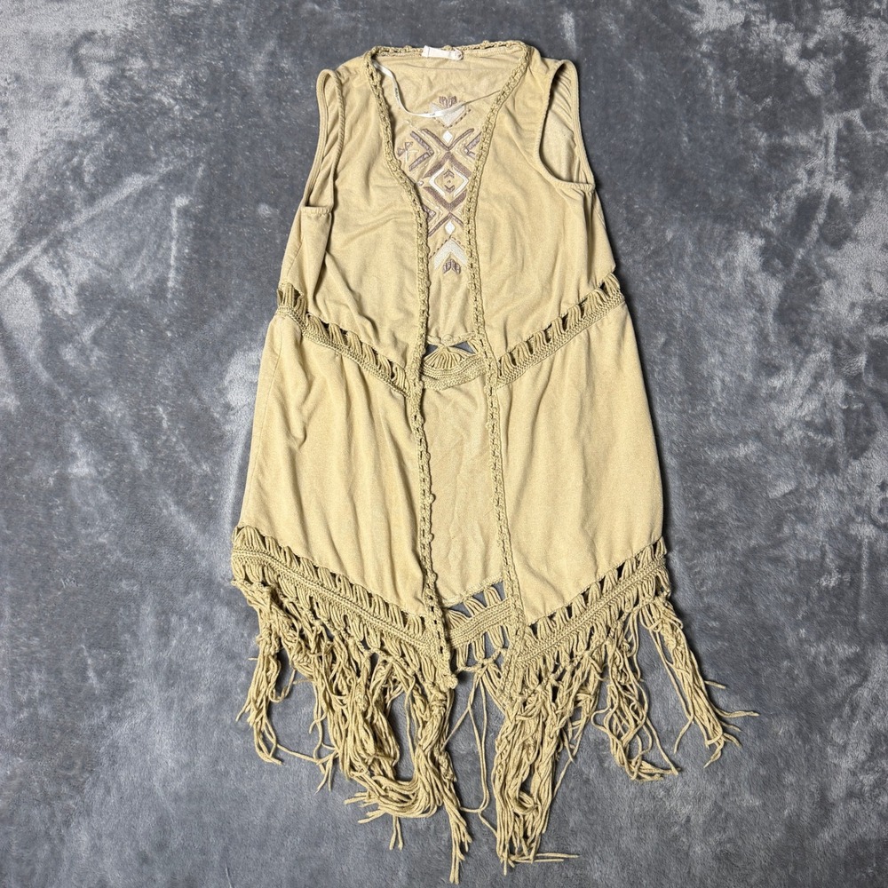 Miss Me Girls Large Tan Faux Suede Fringe Vest Crochet Embroidered Boho Western